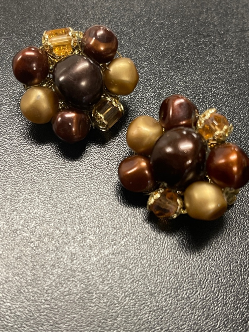 Gold & Brown Cluster Bead Stud Earrings-A1
